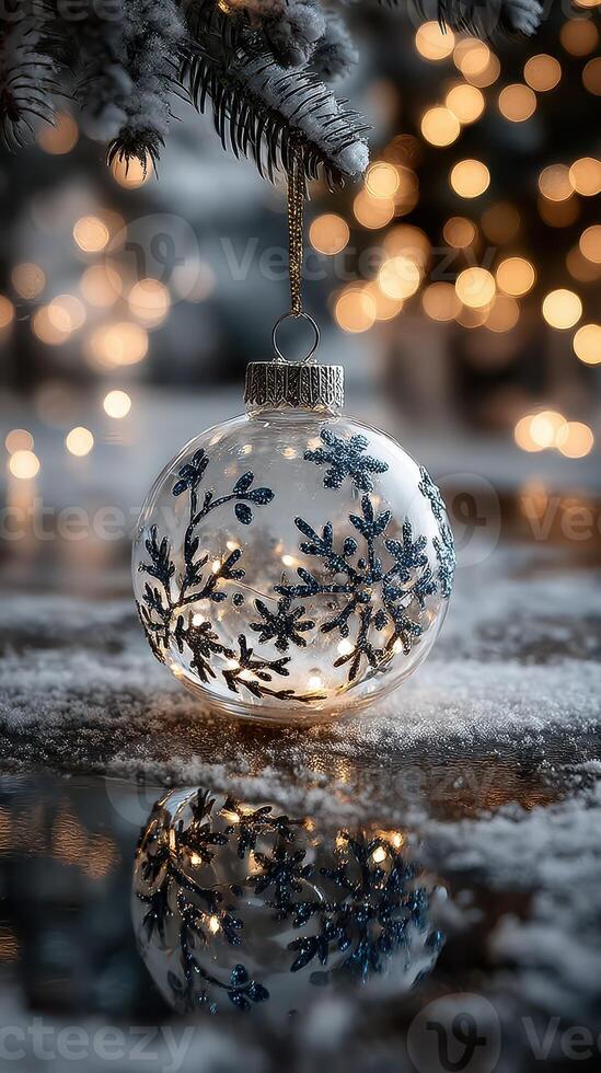 Winter holiday ornament hanging on a snow-covered branch with glimmering lights in the background photo