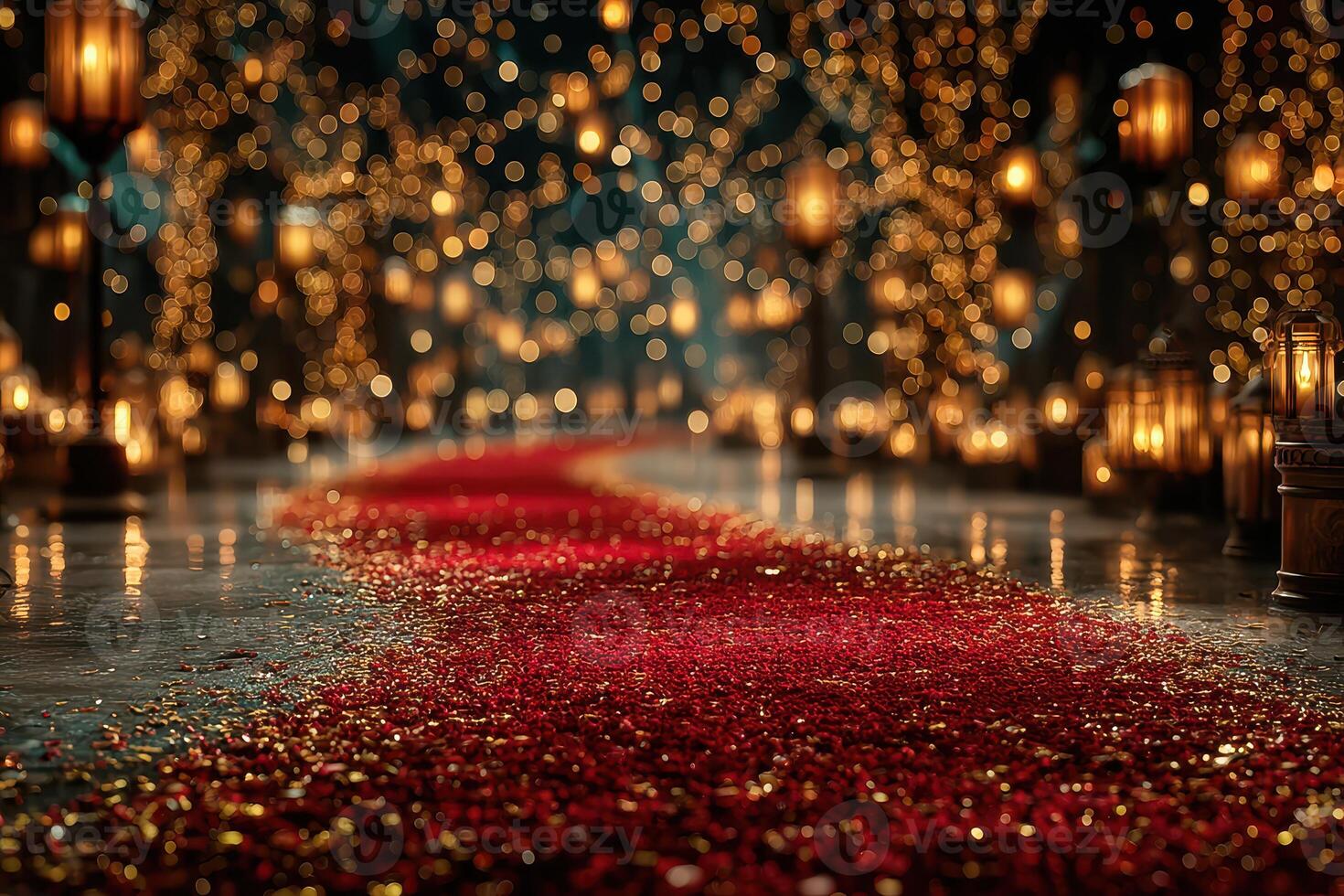 Elegant red carpet pathway illuminated by glowing lanterns in a sparkling festive atmosphere during nighttime photo