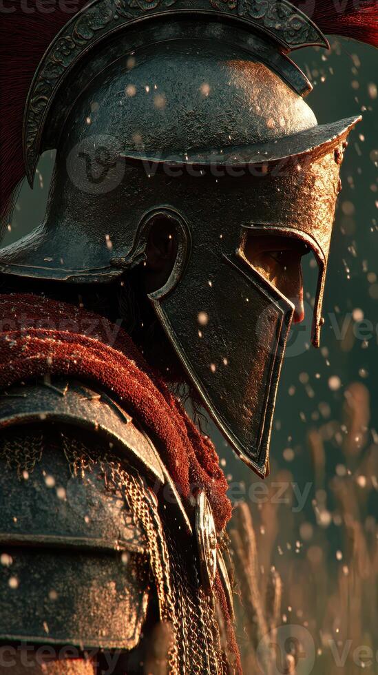 Historical warrior stands in a sunlit field adorned in armor during a moment of reflection and tranquility photo