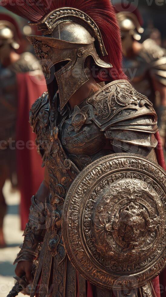 Historical reenactors in detailed armor prepare for a battle display at a cultural festival in ancient city ruins during the afternoon photo