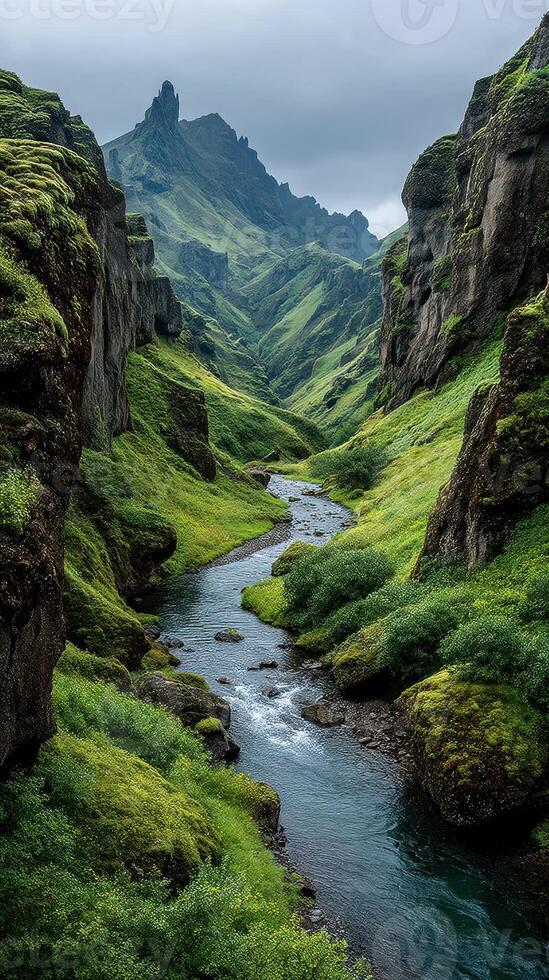 Stunning green valley with a winding river surrounded by towering cliffs in Iceland during an overcast day photo