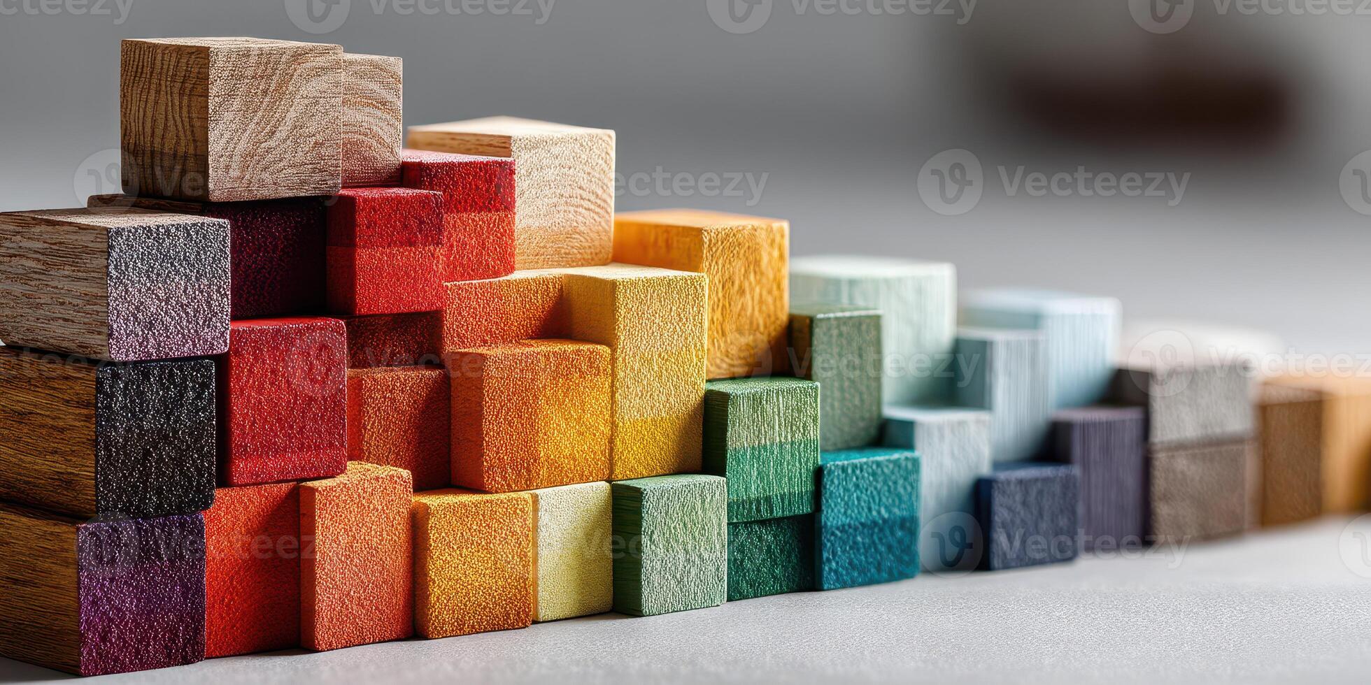 Wooden blocks arranged in vibrant colors showcasing craftsmanship and design creativity in a contemporary workspace photo