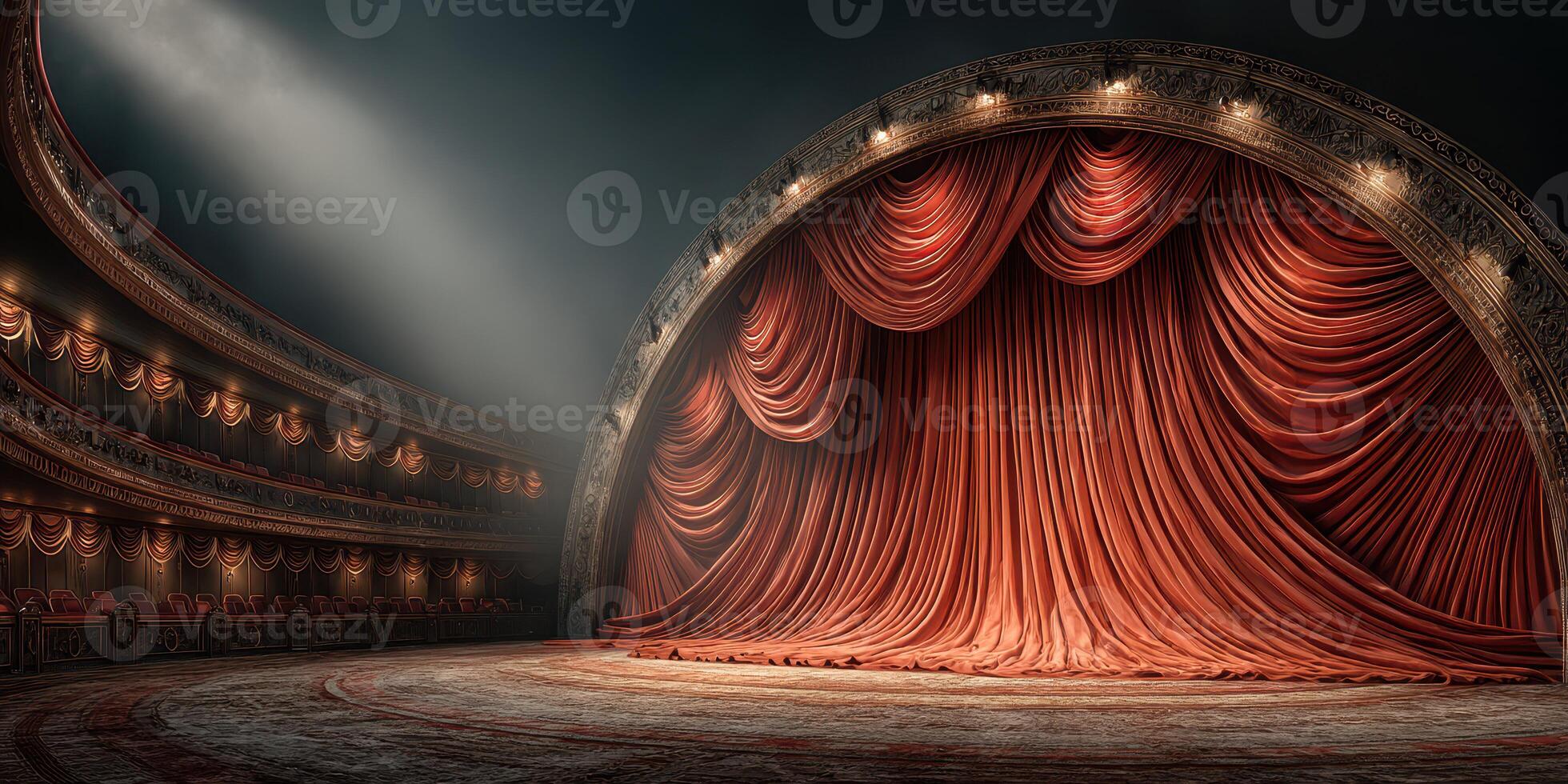 Elegant theater stage with red curtains illuminated by soft lighting in an ornate venue photo
