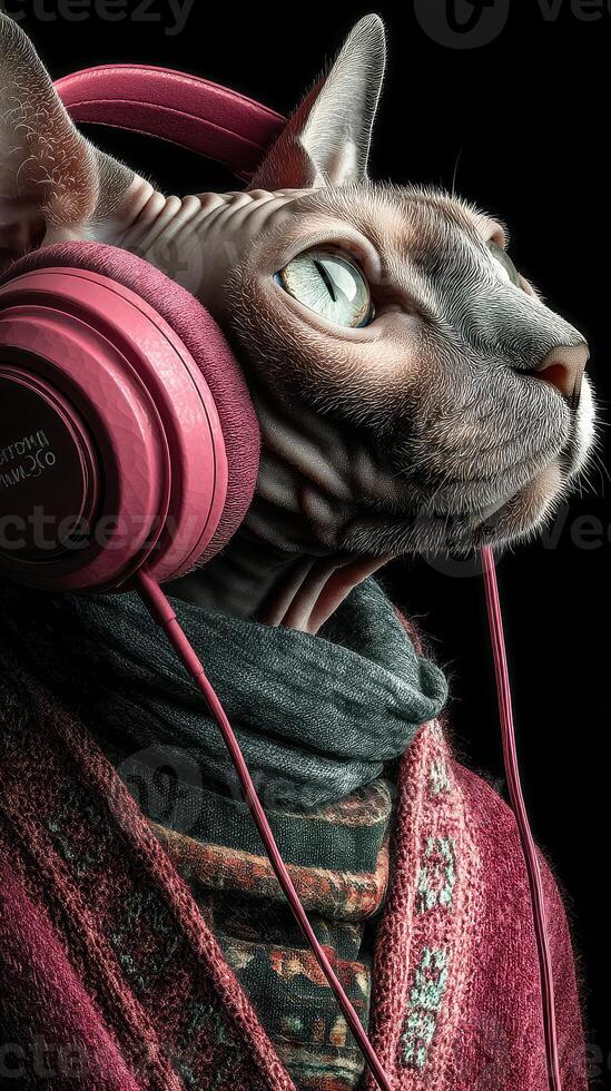 Sphynx cat wearing headphones in cozy attire with focus on detail and expression photo