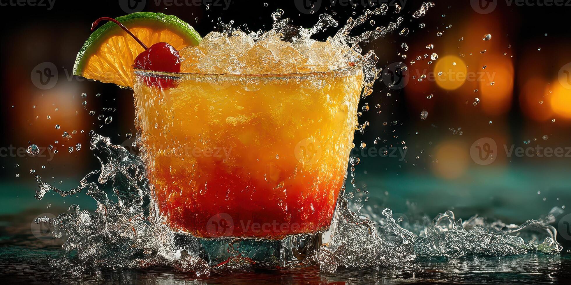 Colorful cocktail splashes with ice and fruit garnishes at a lively bar during an evening gathering photo
