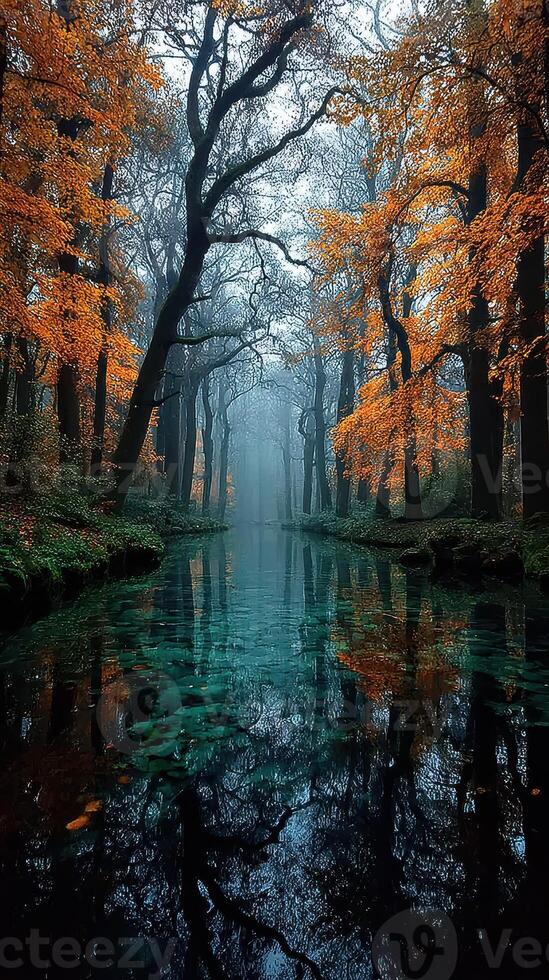 Autumn landscape with misty forest and vibrant orange leaves reflecting in tranquil water photo