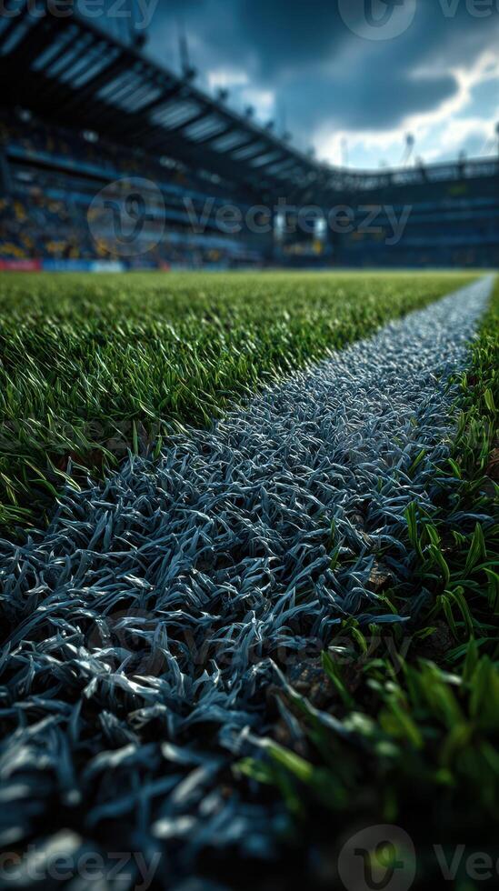Grass field and boundary line at a stadium during cloudy weather with anticipation for an upcoming soccer match photo