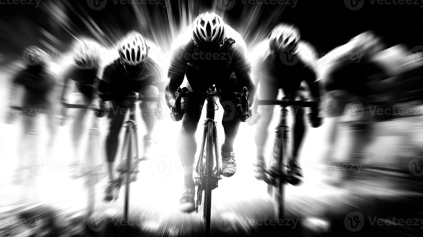 Cyclists racing in a dramatic black and white burst of motion during an evening competition photo