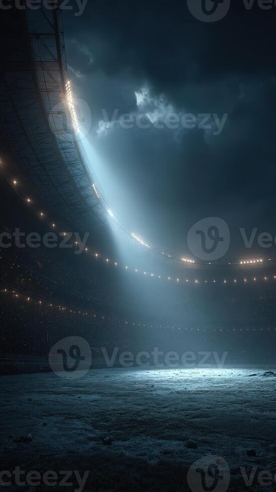 Dark atmosphere of an empty stadium illuminated by spotlights before a major sporting event photo