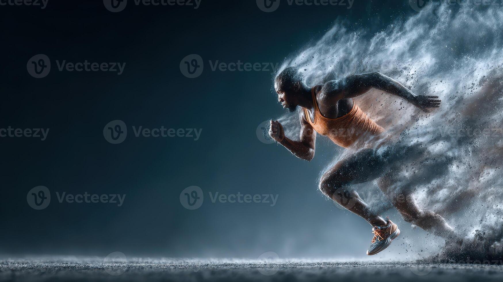 Dynamic athlete sprinting through dust clouds in a dramatic indoor setting during an intense training session photo