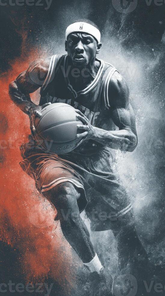 Dynamic basketball player dribbling ball during a high-energy game in an urban setting at night photo