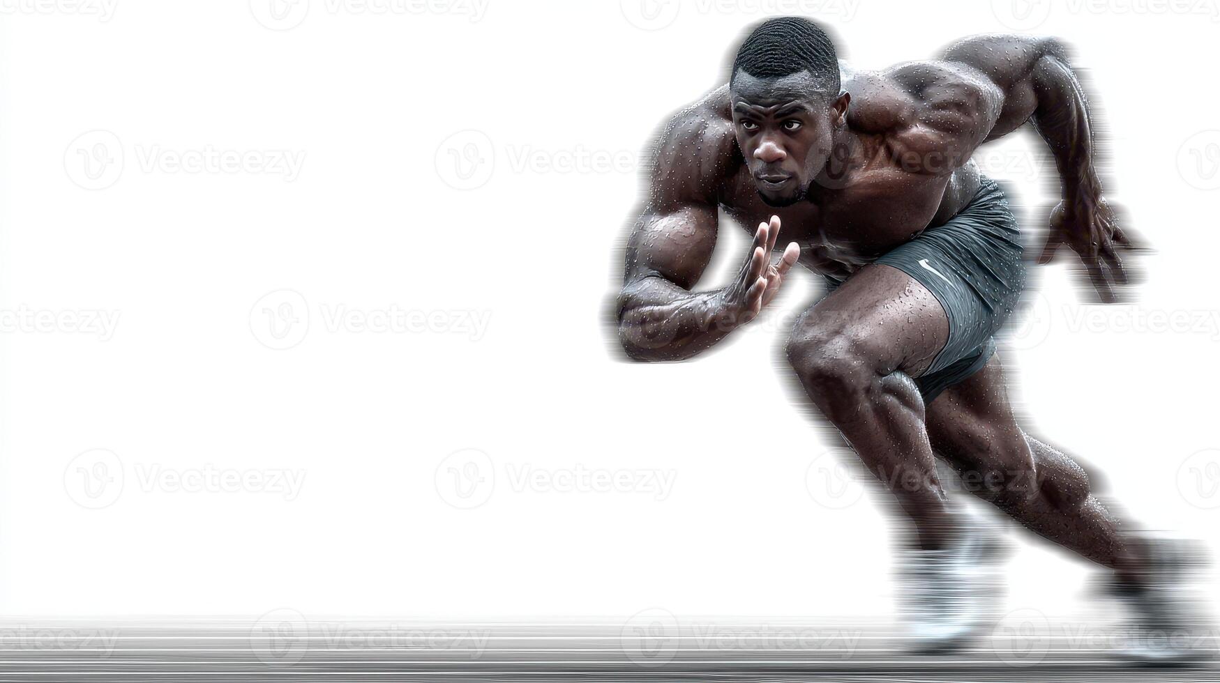 Sprinter races on track during a competitive event in bright lighting with intense focus and determination photo