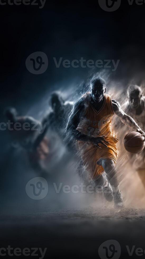 Intense basketball players sprinting towards the hoop in dramatic lighting during a competitive game photo