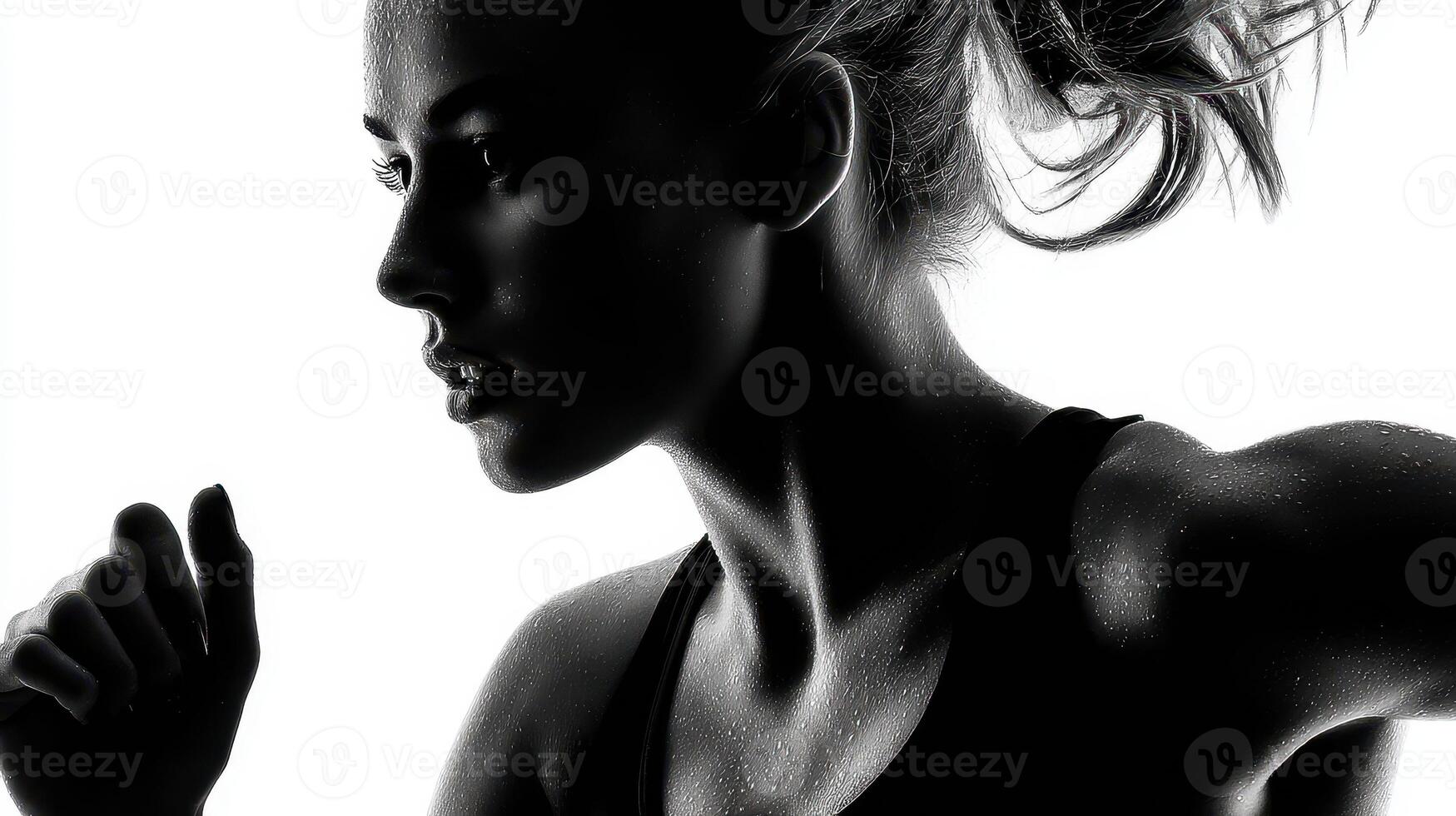 Dynamic silhouette of a woman running in black and white against a bright background photo
