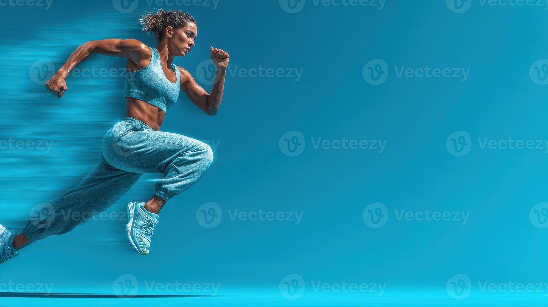 Dynamic woman sprinting in a striking blue studio setting during a high-energy workout session photo