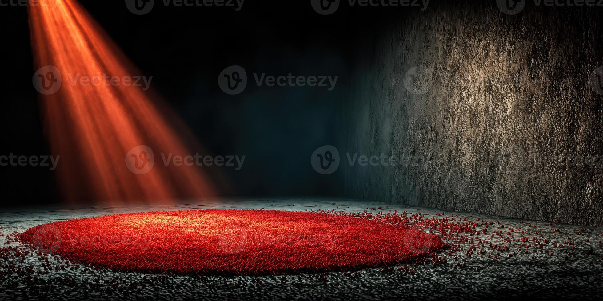 Light beams down on a vibrant red circle surrounded by dark textures in a dramatic indoor setting photo