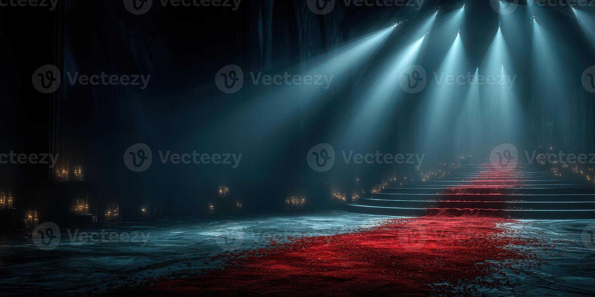 Red carpet leading to an altar surrounded by candles in a dark, mysterious setting with dramatic lighting photo