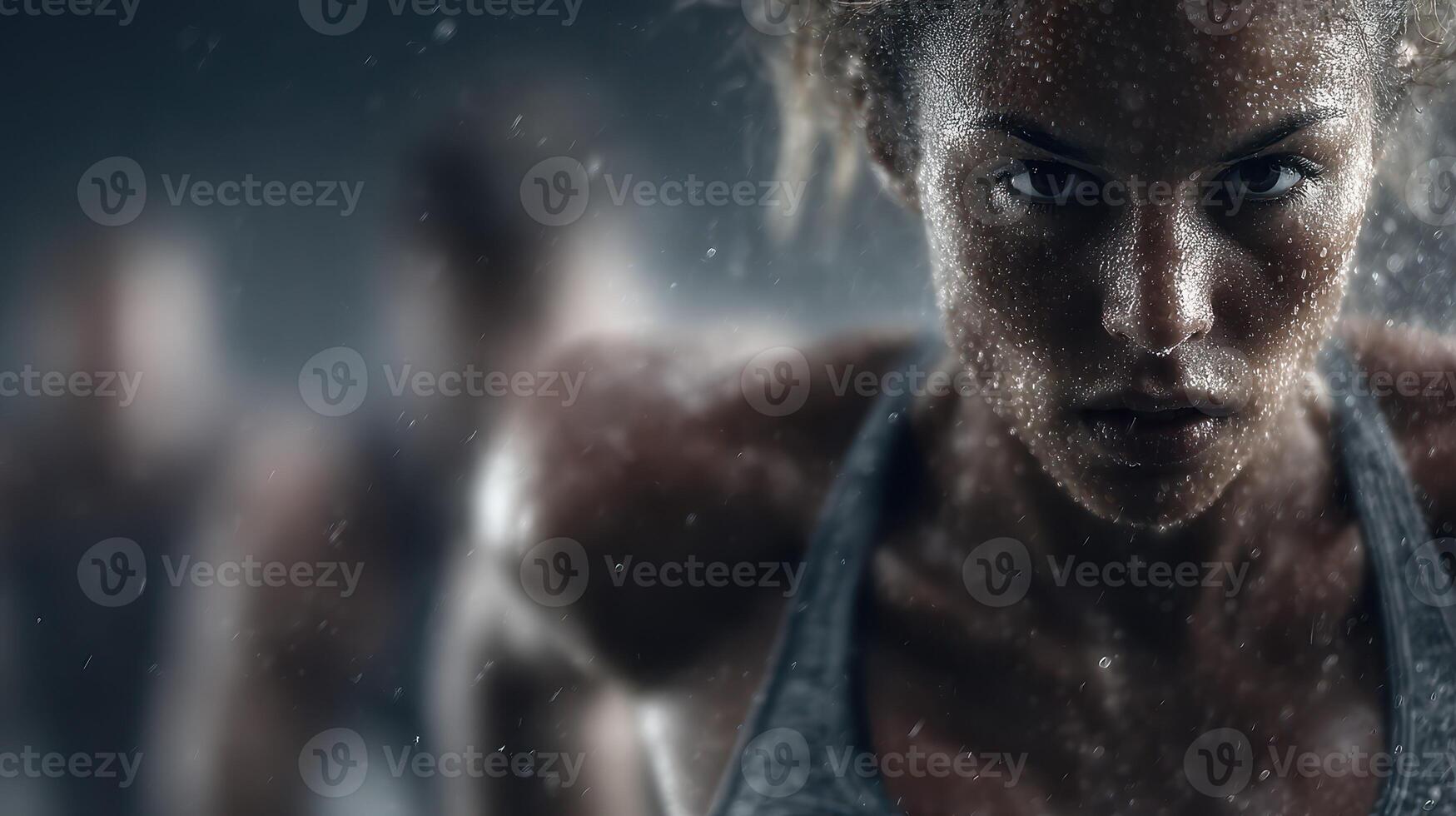 Close-up of an intense female athlete focused on her training during a gym session in a low-light environment photo