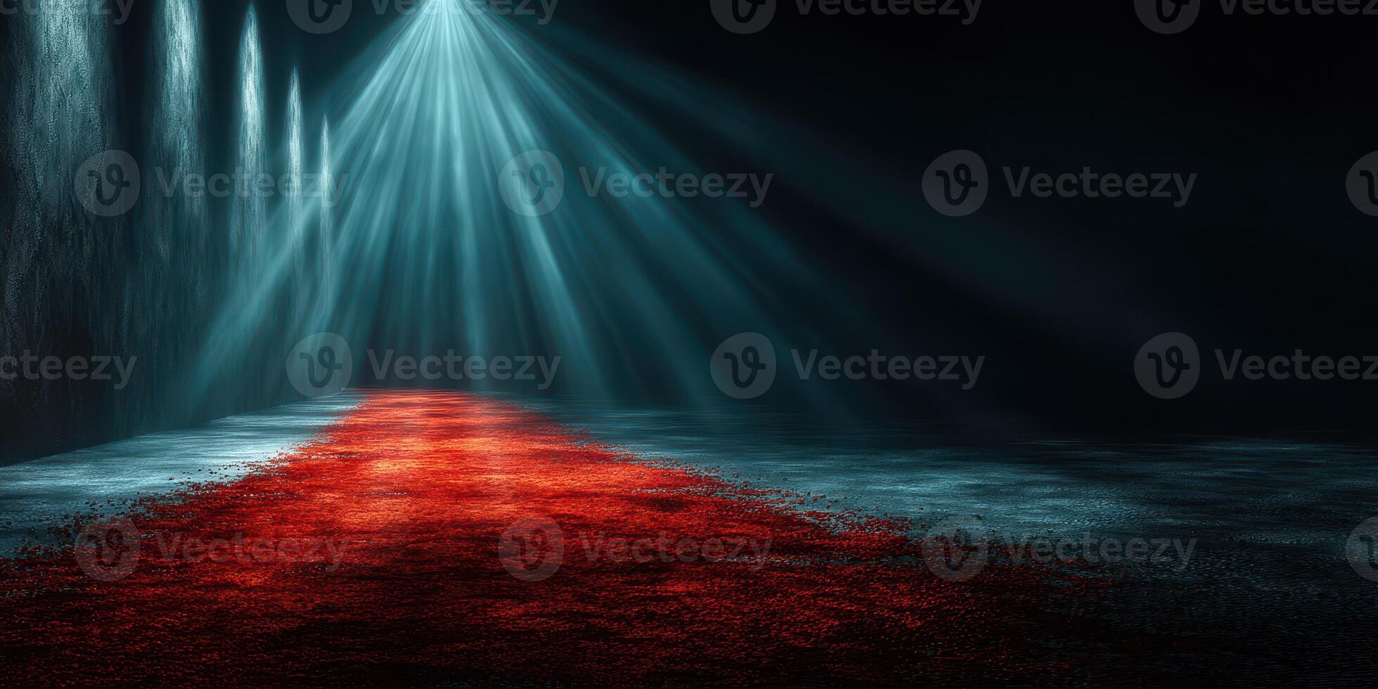 Dramatic lighting enhances a mysterious red carpet pathway in a dark space during an event or performance photo
