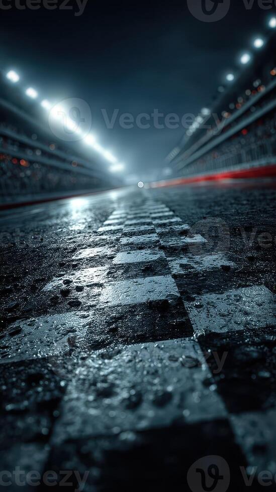 Spectacular night view of a wet racetrack with checkered finish line and soft glowing lights in the background photo