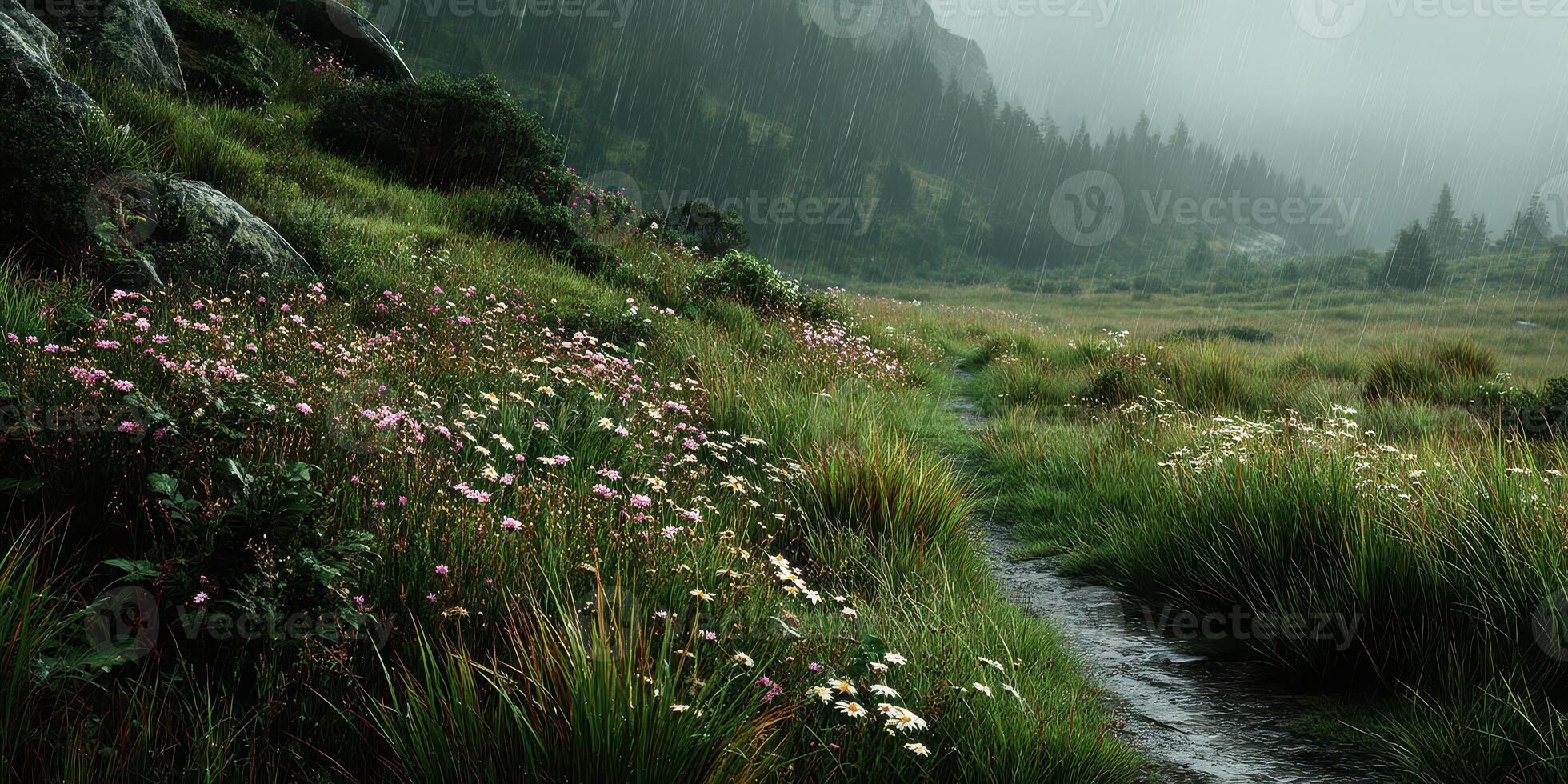 Lush meadow path winding through flowering grasses under a rain-soaked sky in a serene mountainous landscape photo