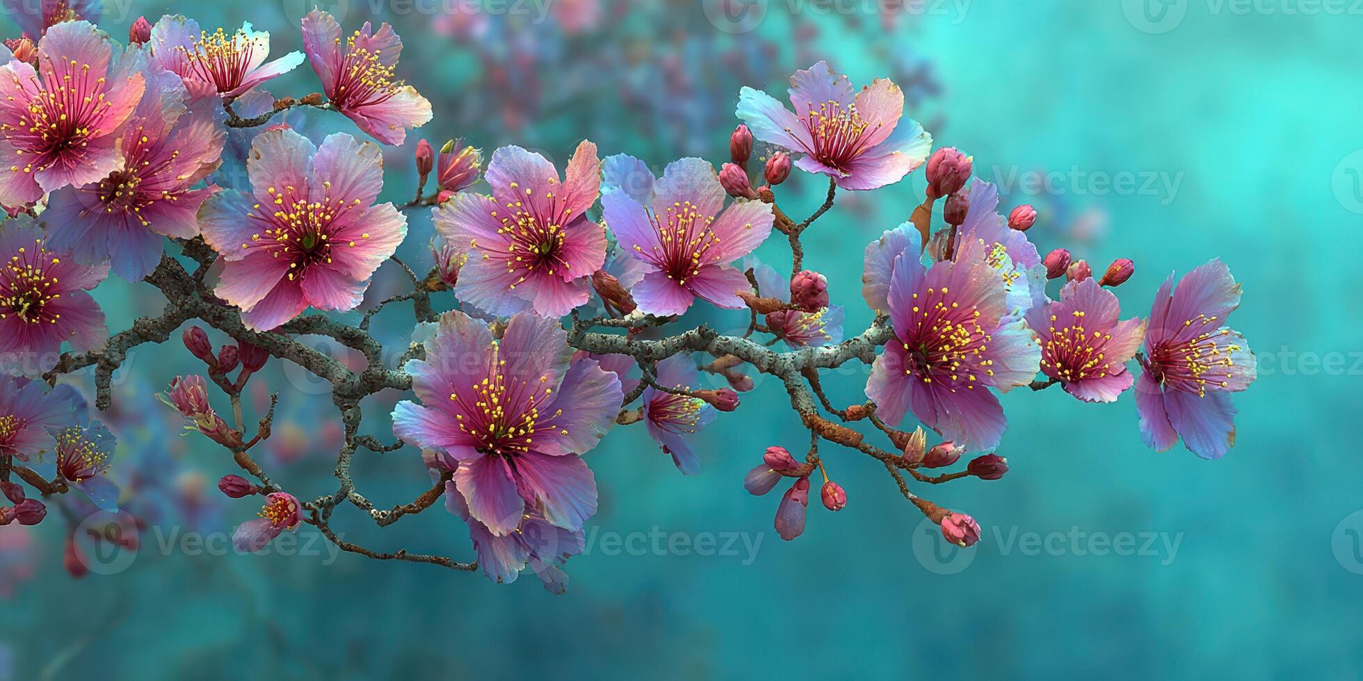 Cherry blossoms bloom beautifully on a branch against a serene turquoise background in springtime photo