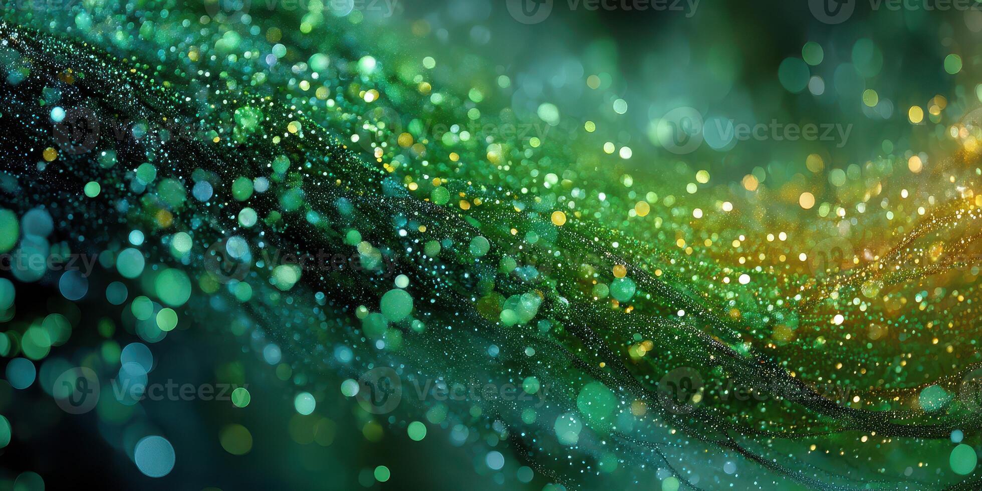 Colorful bokeh effect creates a mesmerizing abstract background in shimmering green and gold tones during evening light photo