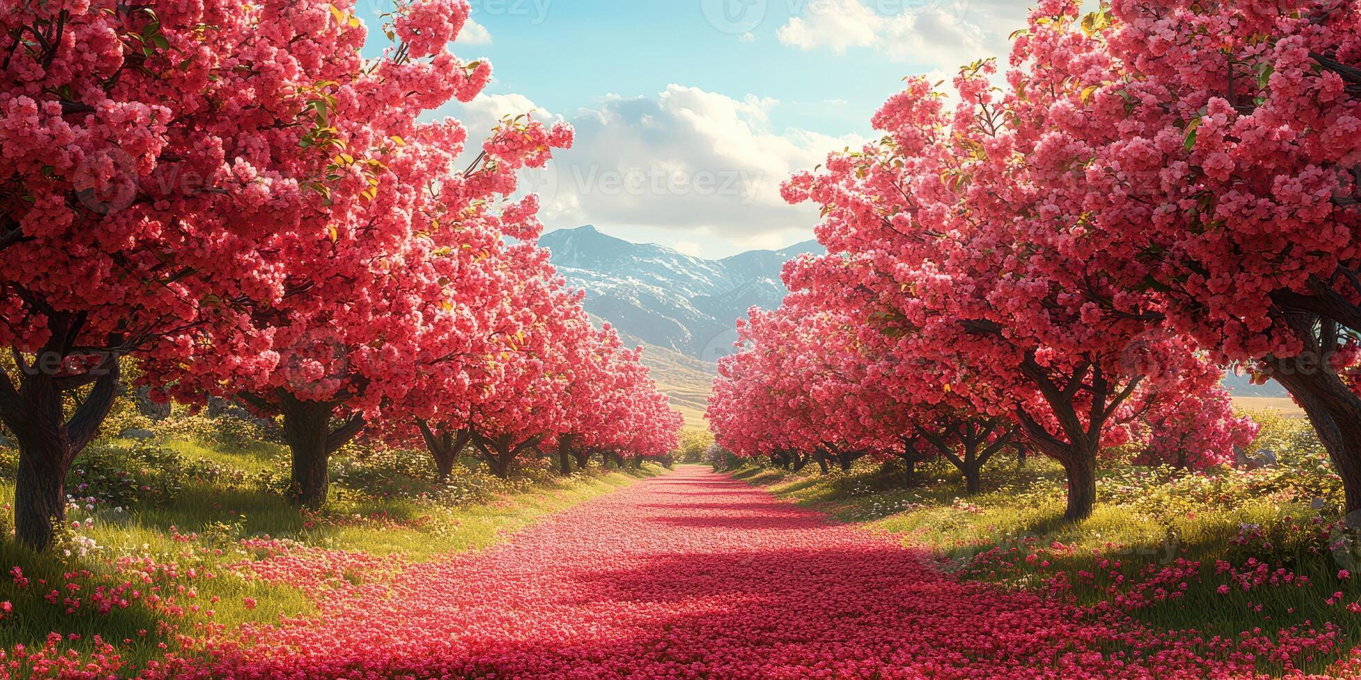 Blossoming cherry trees line a peaceful pathway in a picturesque setting during springtime photo
