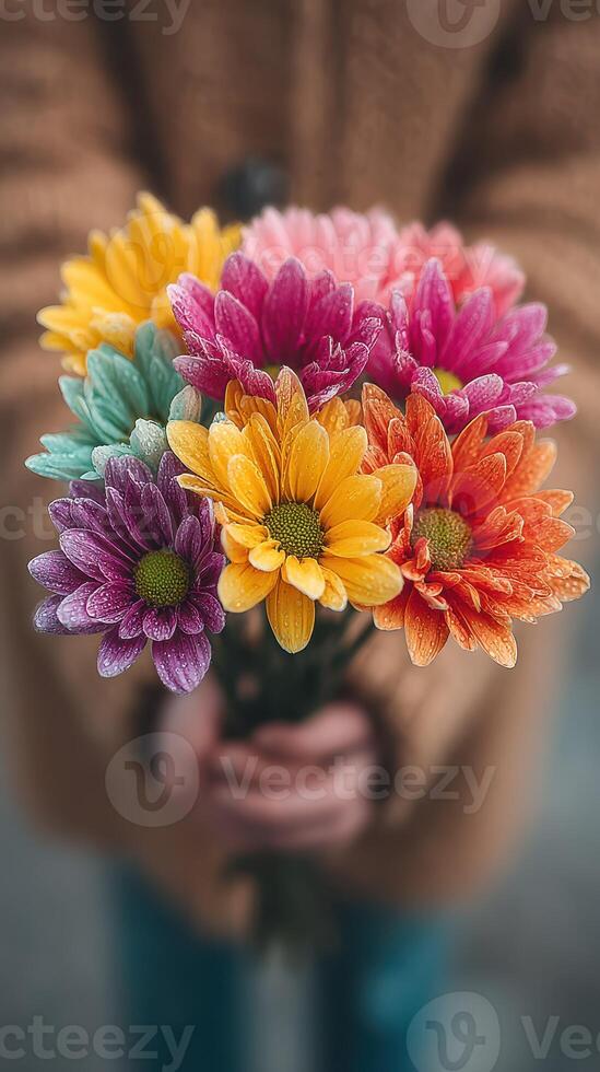 Colorful bouquet of daisies held by a person in a cozy outfit on a chilly day photo