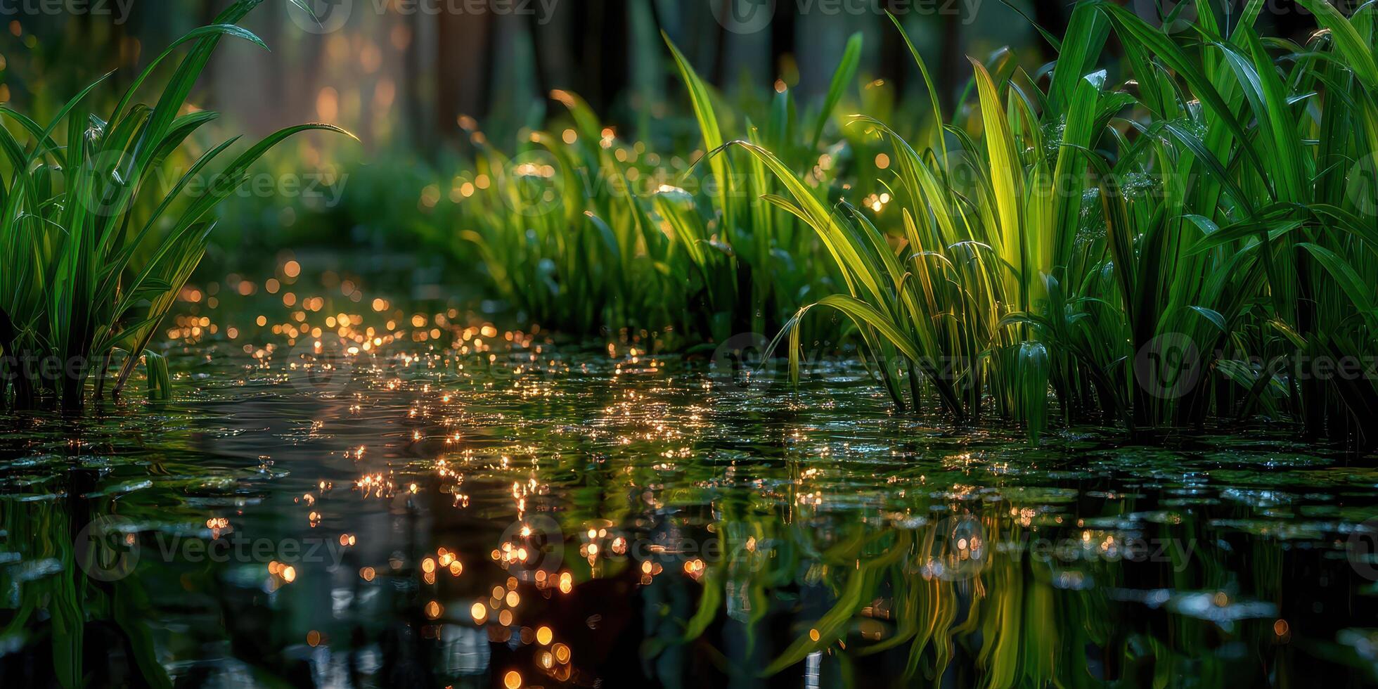 Sunlight glimmers on water in a serene forest setting during a peaceful afternoon photo