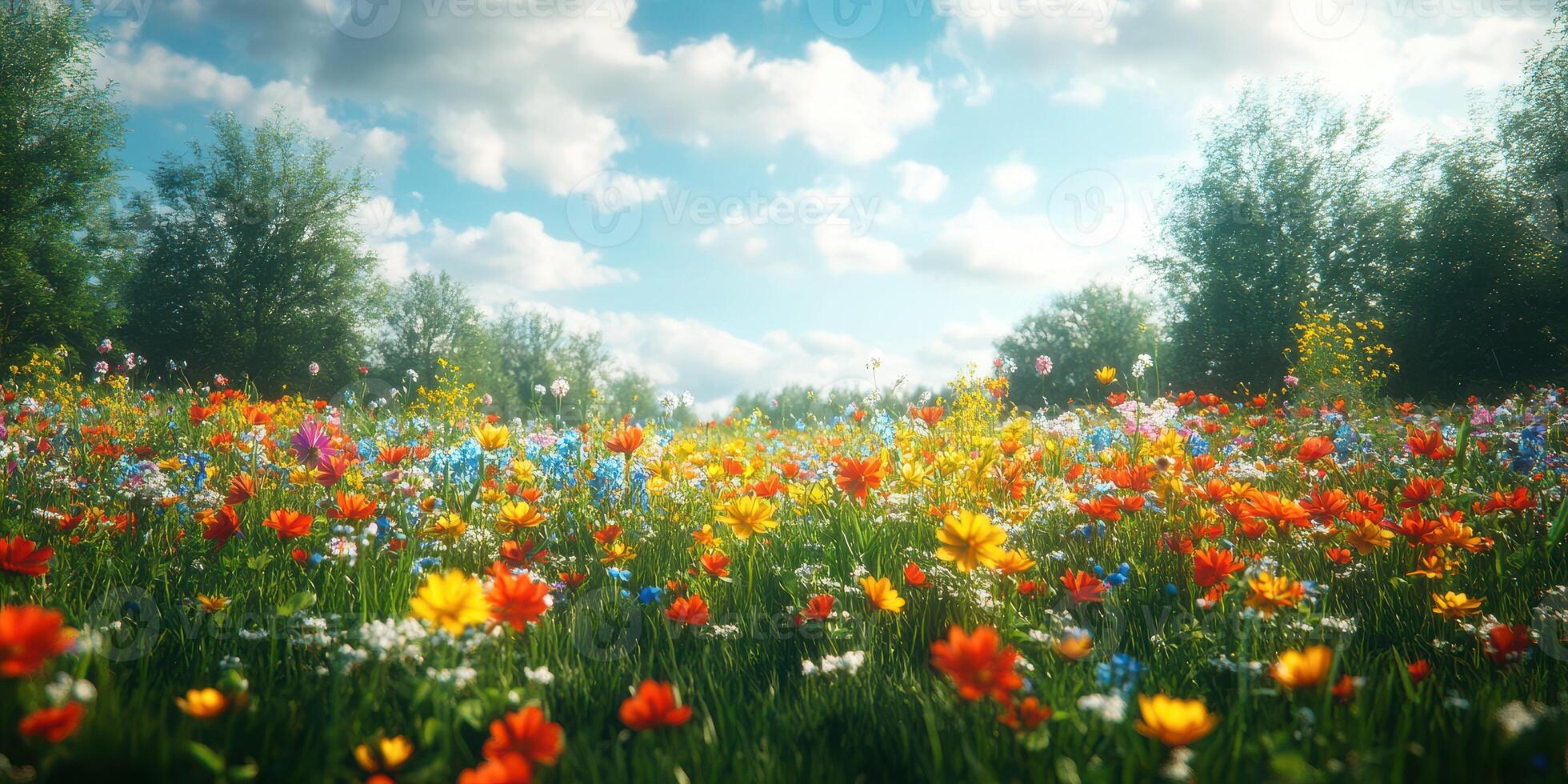 Vibrant wildflower meadow under a blue sky filled with fluffy clouds in early spring photo