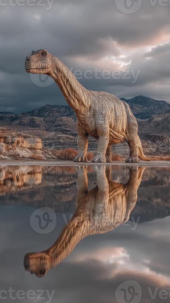 Dinosaur statue reflects in calm water under dramatic clouds in a mountainous landscape photo