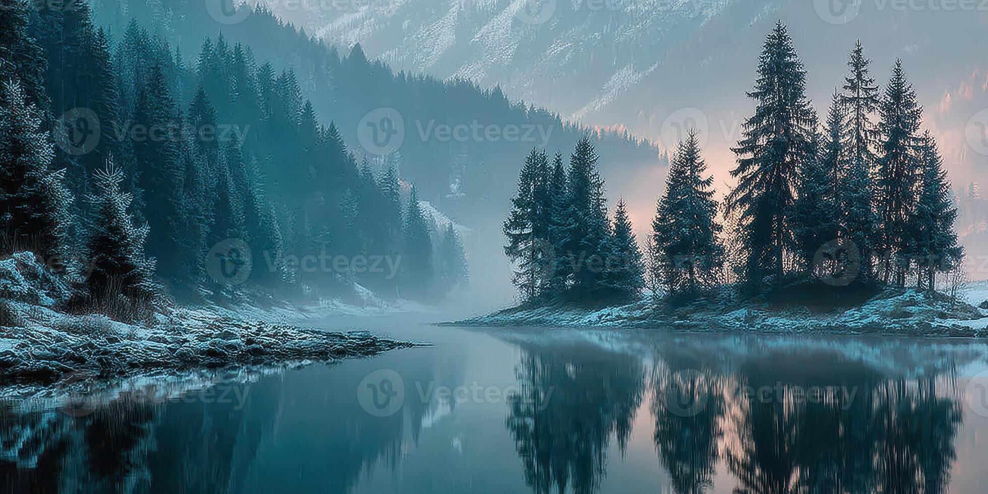 Serene winter landscape with misty lake surrounded by tall evergreen trees at dawn photo