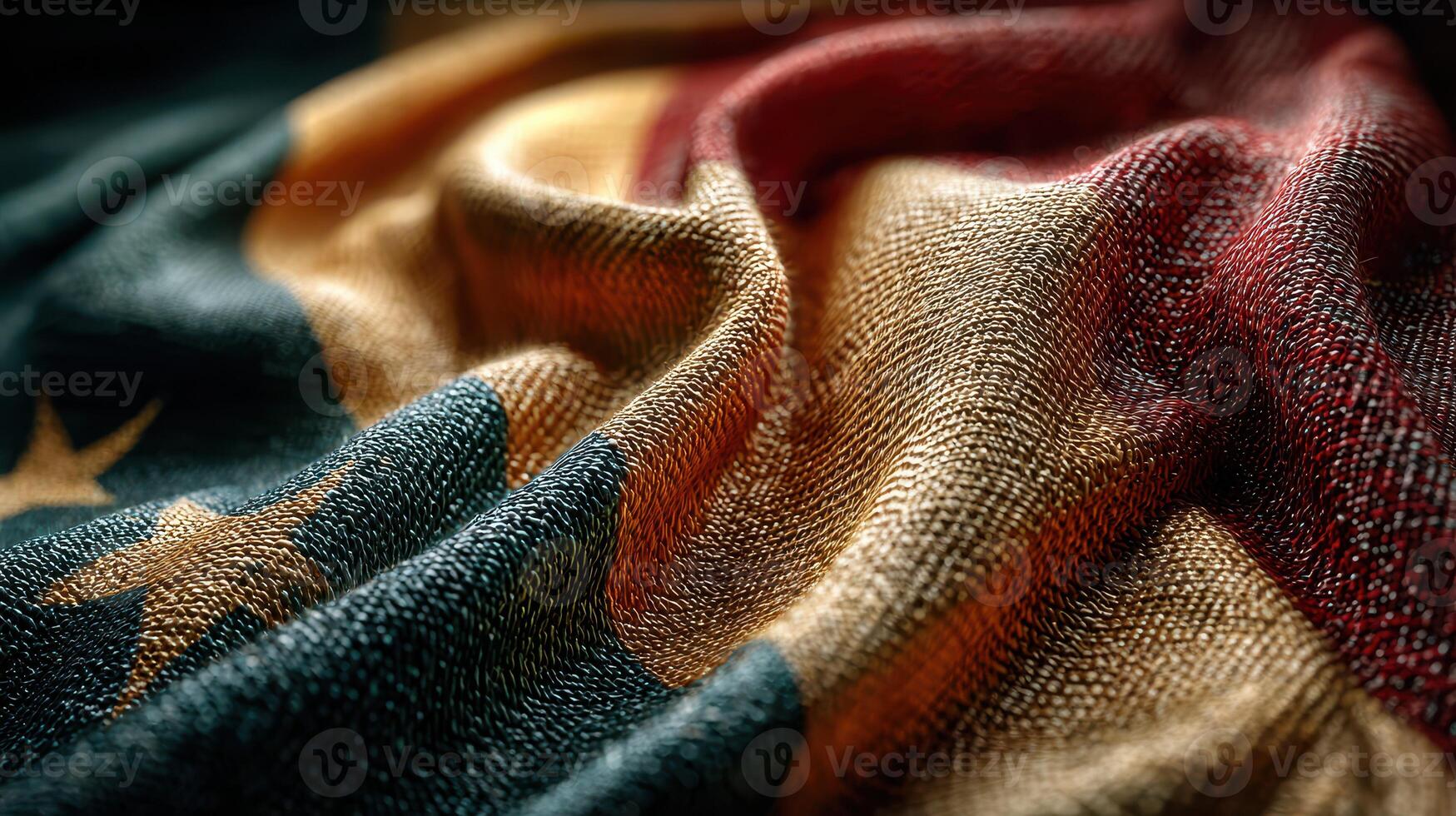 Fabric of Cameroon's national flag displayed with vibrant colors and intricate textures in daylight photo