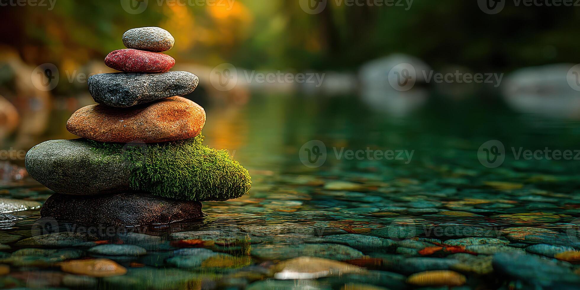 Serene stack of stones by a calm river reflecting autumn colors in the forest during a tranquil afternoon photo
