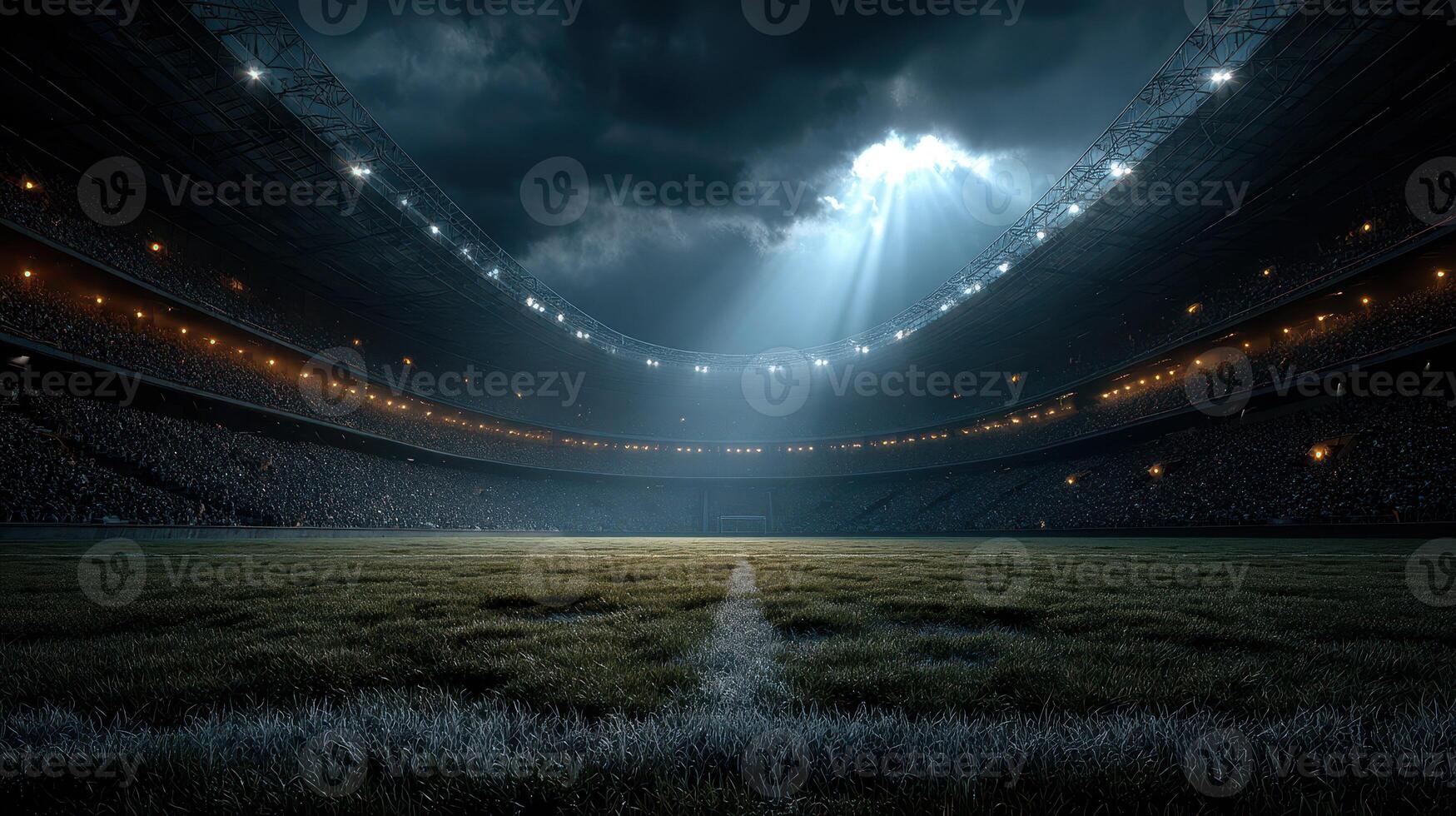 Dramatic night view of an empty football stadium under a cloudy sky with bright floodlights photo