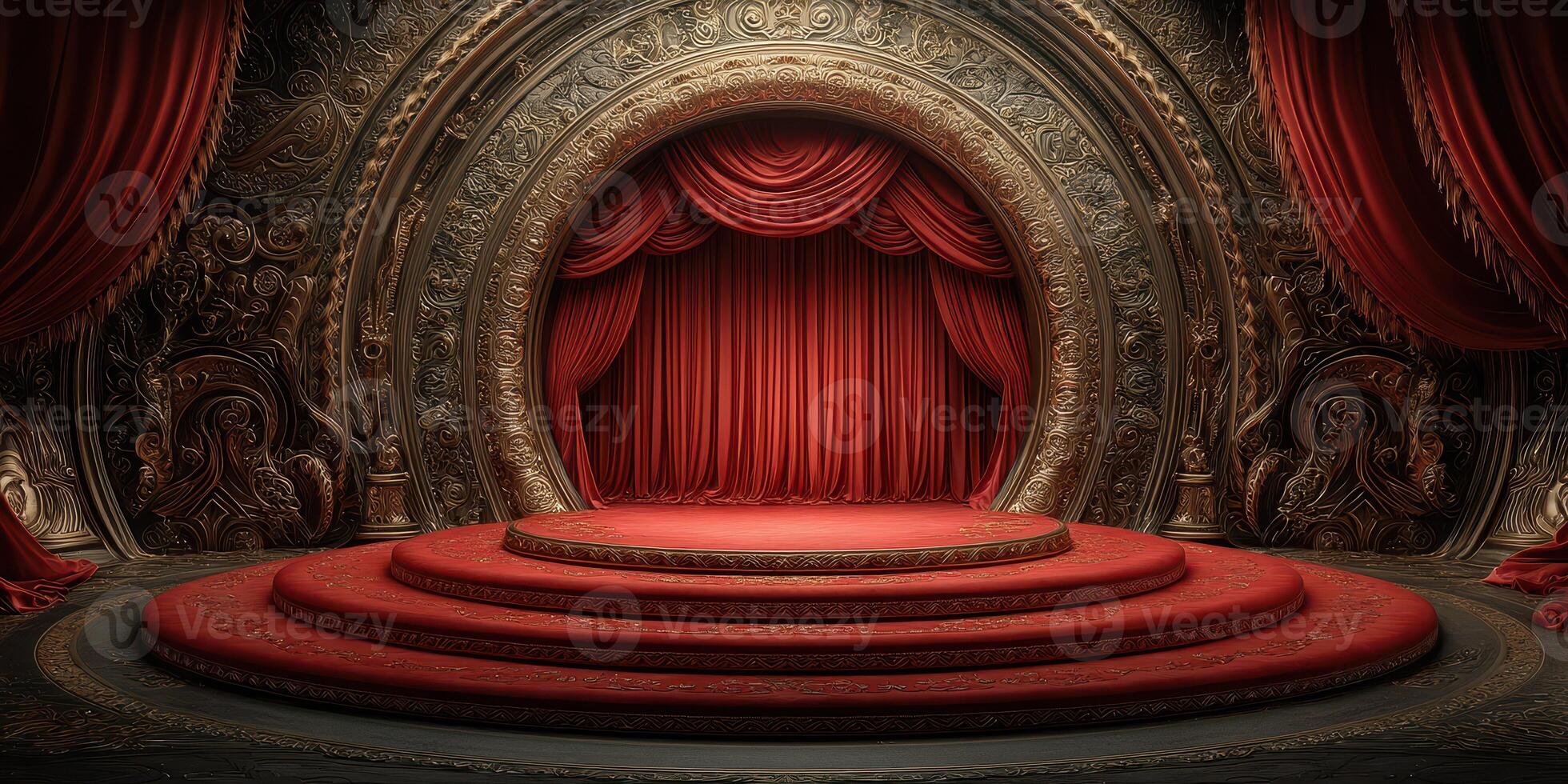 Elegant theater stage adorned with ornate decorations and rich red curtains illuminated softly in a cozy ambiance photo