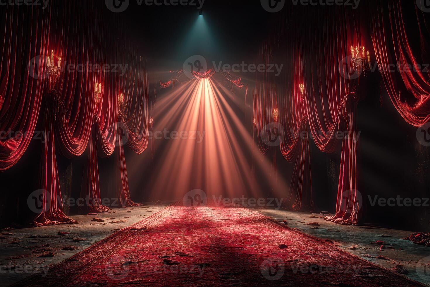Richly adorned stage with red curtains illuminated by a spotlight in an atmospheric space photo