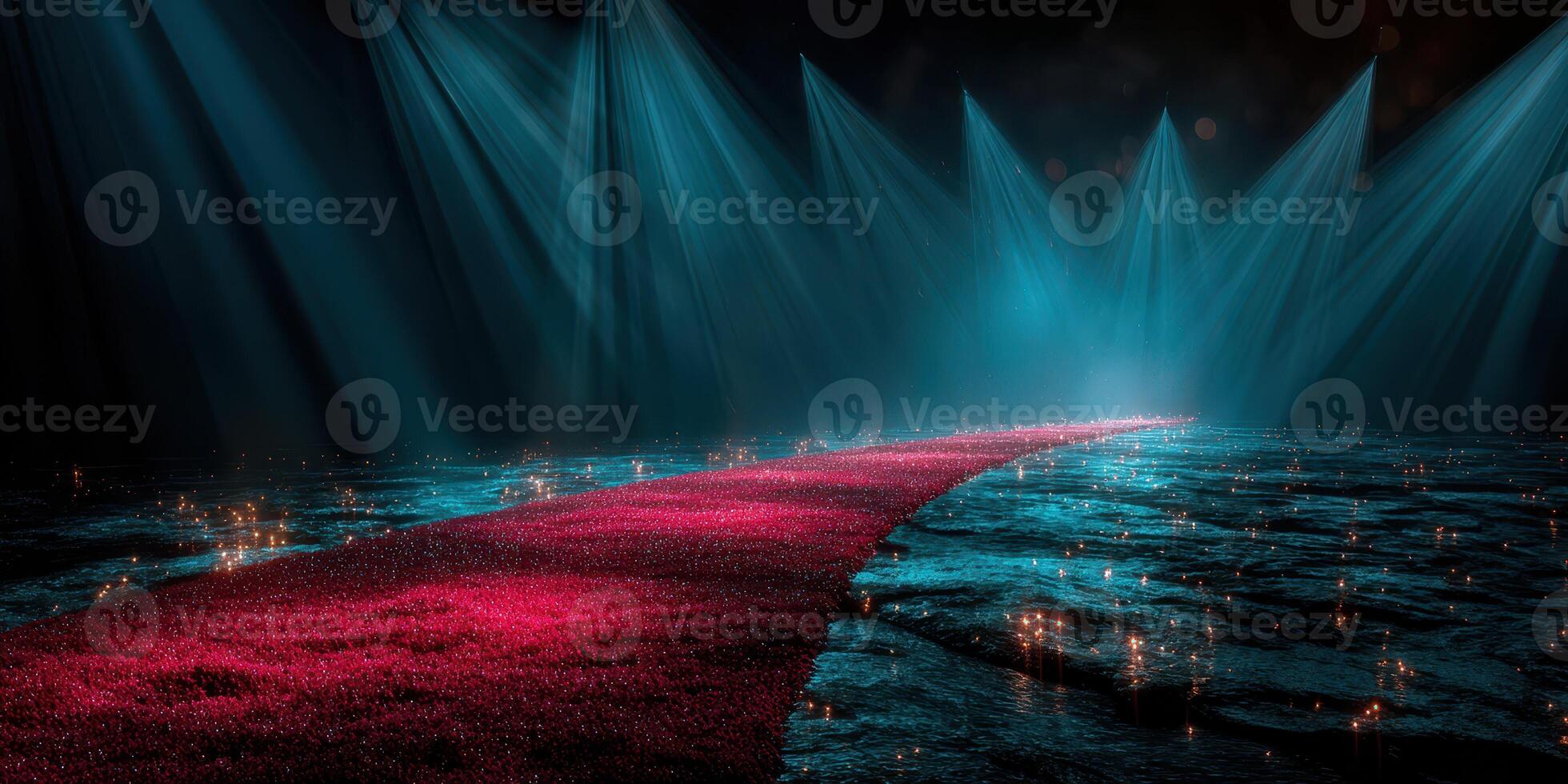 Vibrant runway lined with shimmering lights and a colorful path during a nighttime fashion event photo