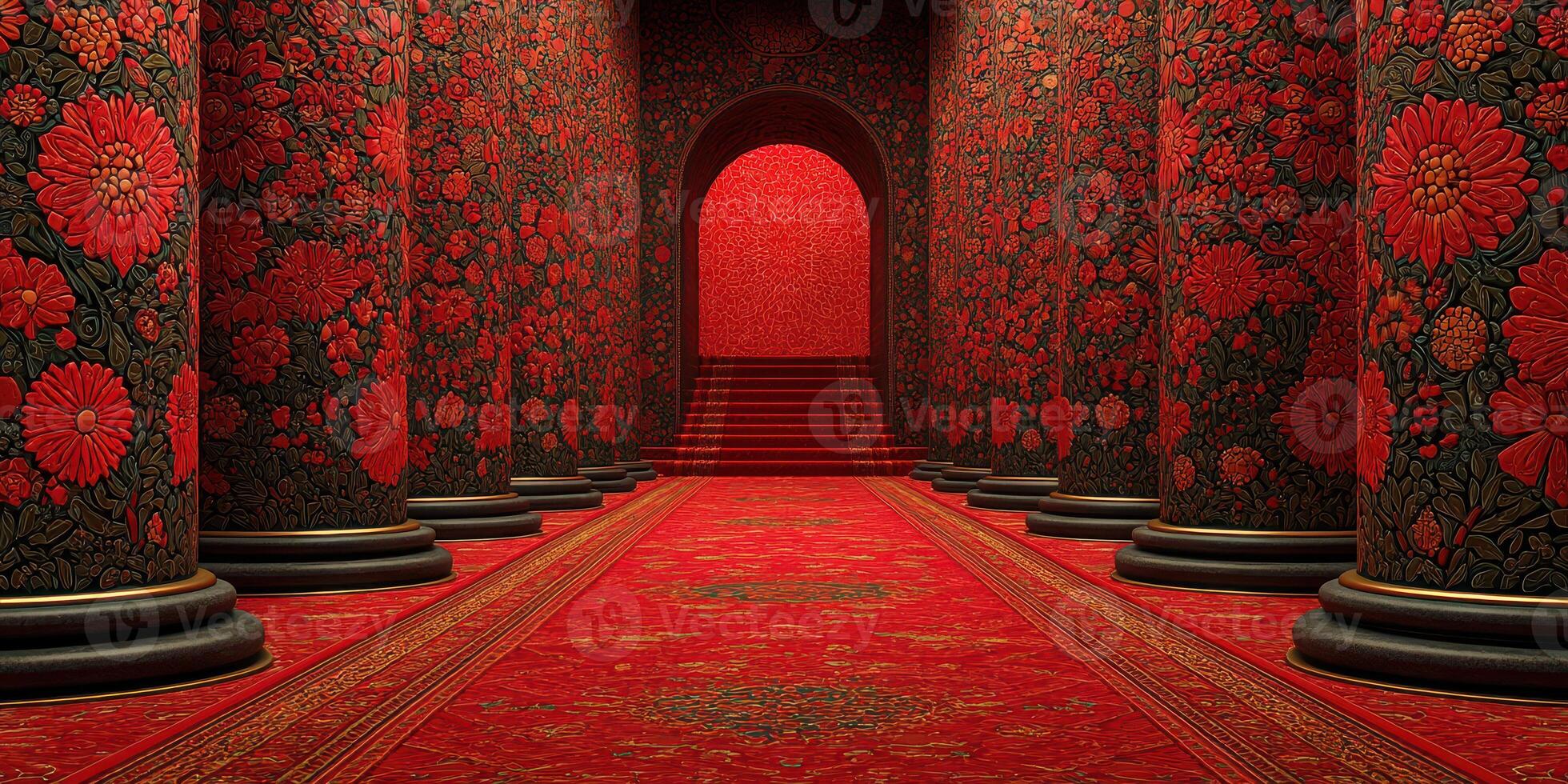 Intricate red floral patterned hall leading to a grand archway with elegant steps in a historic building photo