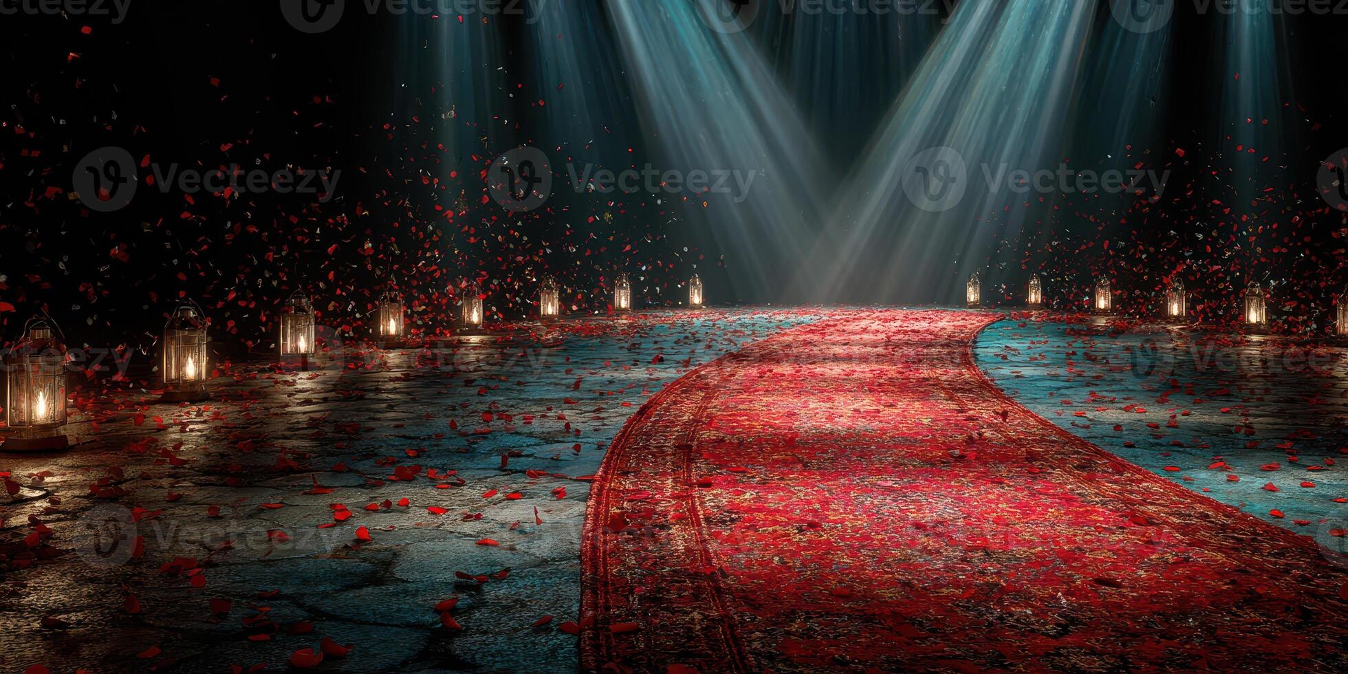 Red rose petals scattered on a stage with lanterns and dramatic lighting during an evening event photo