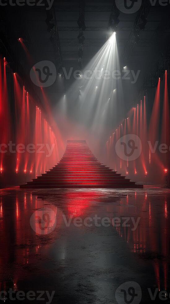 Stairs illuminated by red and white lights create an atmospheric setting for a fashion event photo