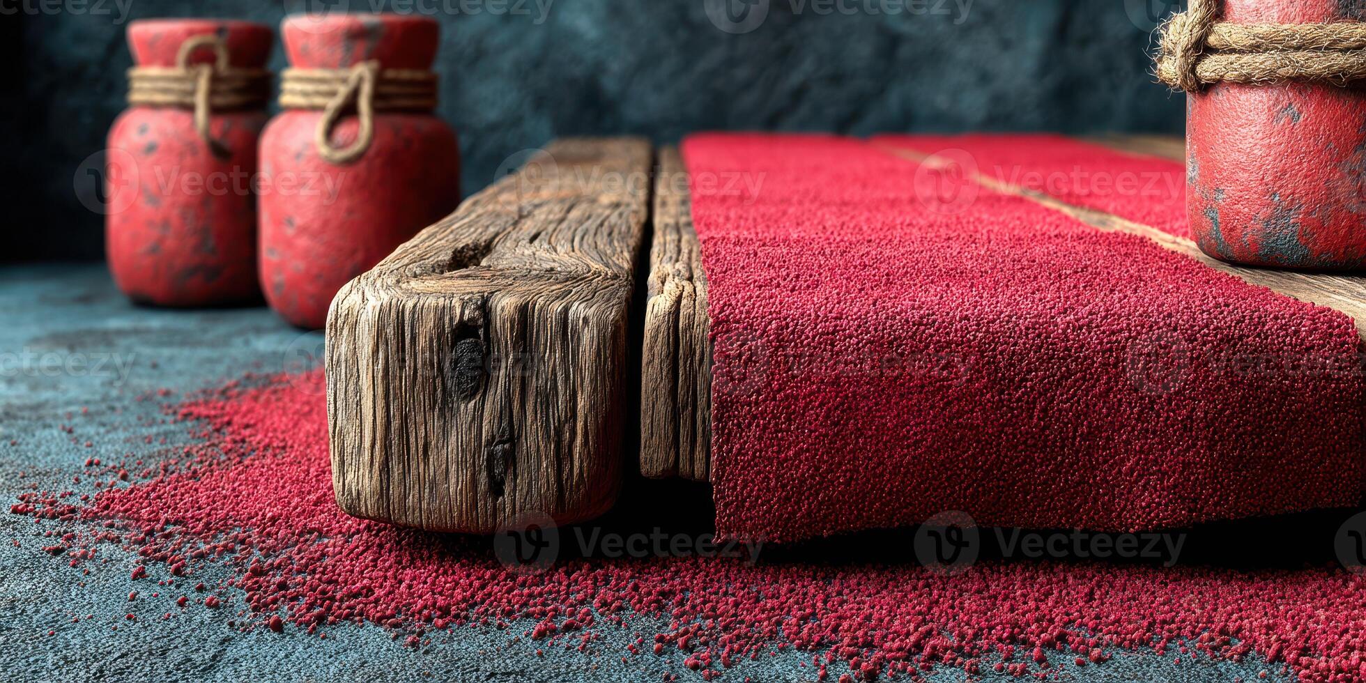 Detailed view of red powder spilling from wooden surface in a rustic setting photo