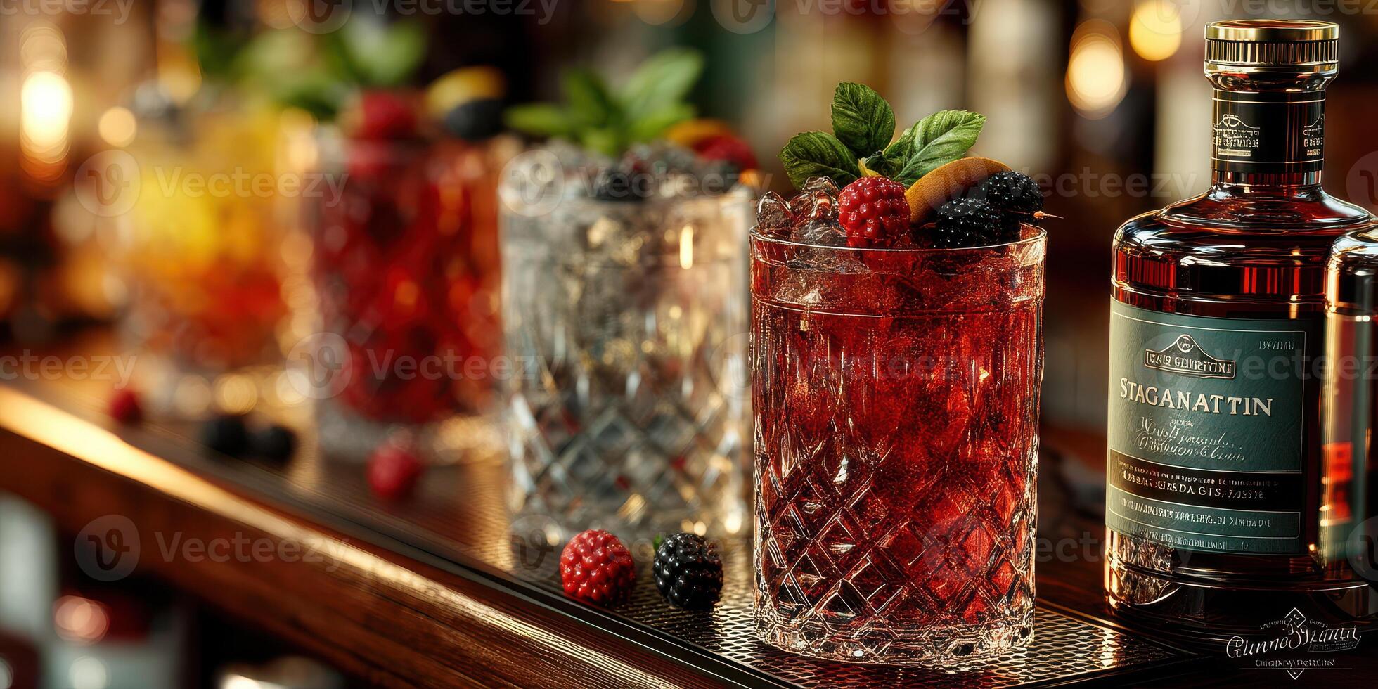 Colorful cocktails with berries displayed on a bar counter in an upscale lounge during evening hours photo
