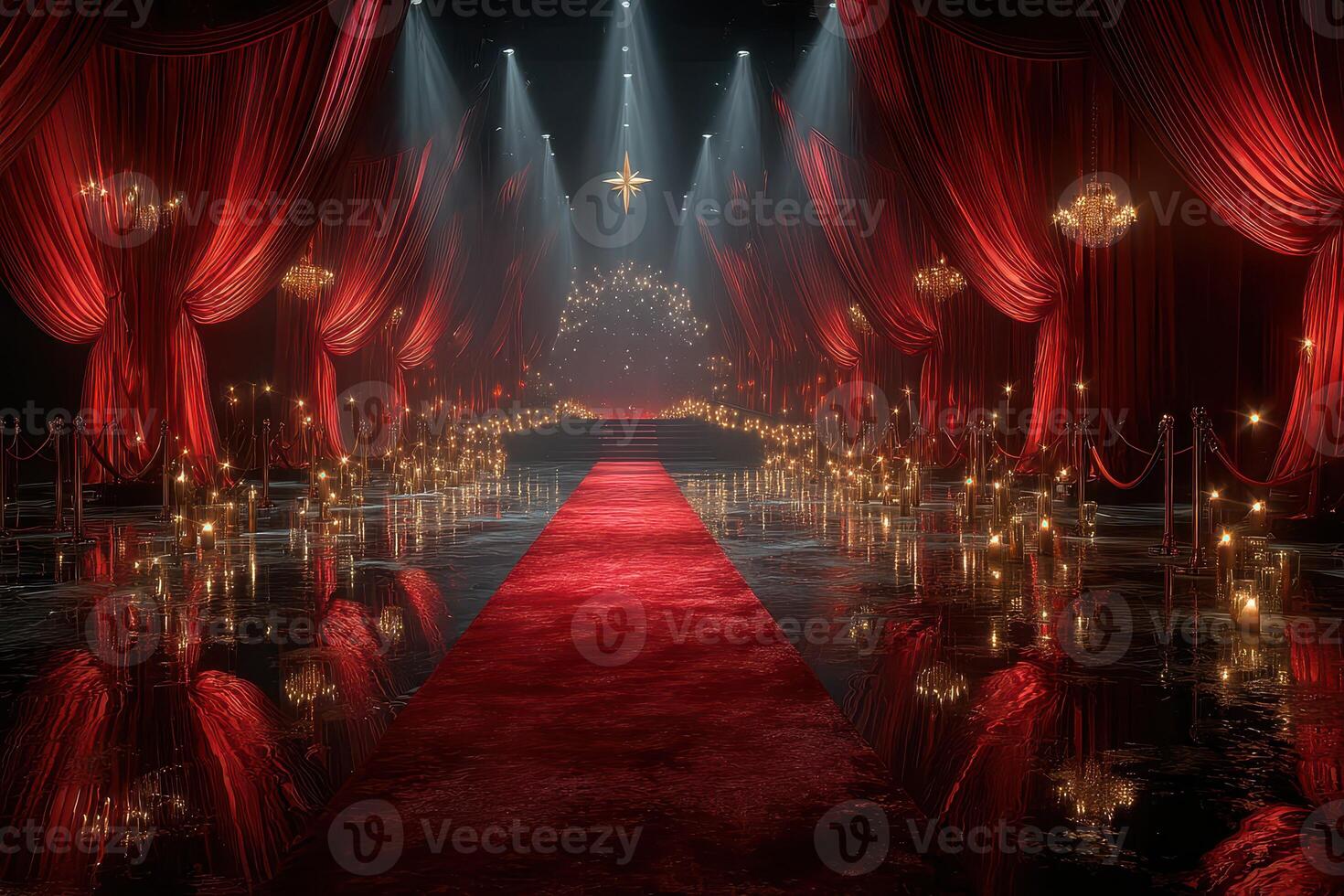 Grand festive hall with red curtains and candlelit pathway illuminating a stage for a celebration event photo