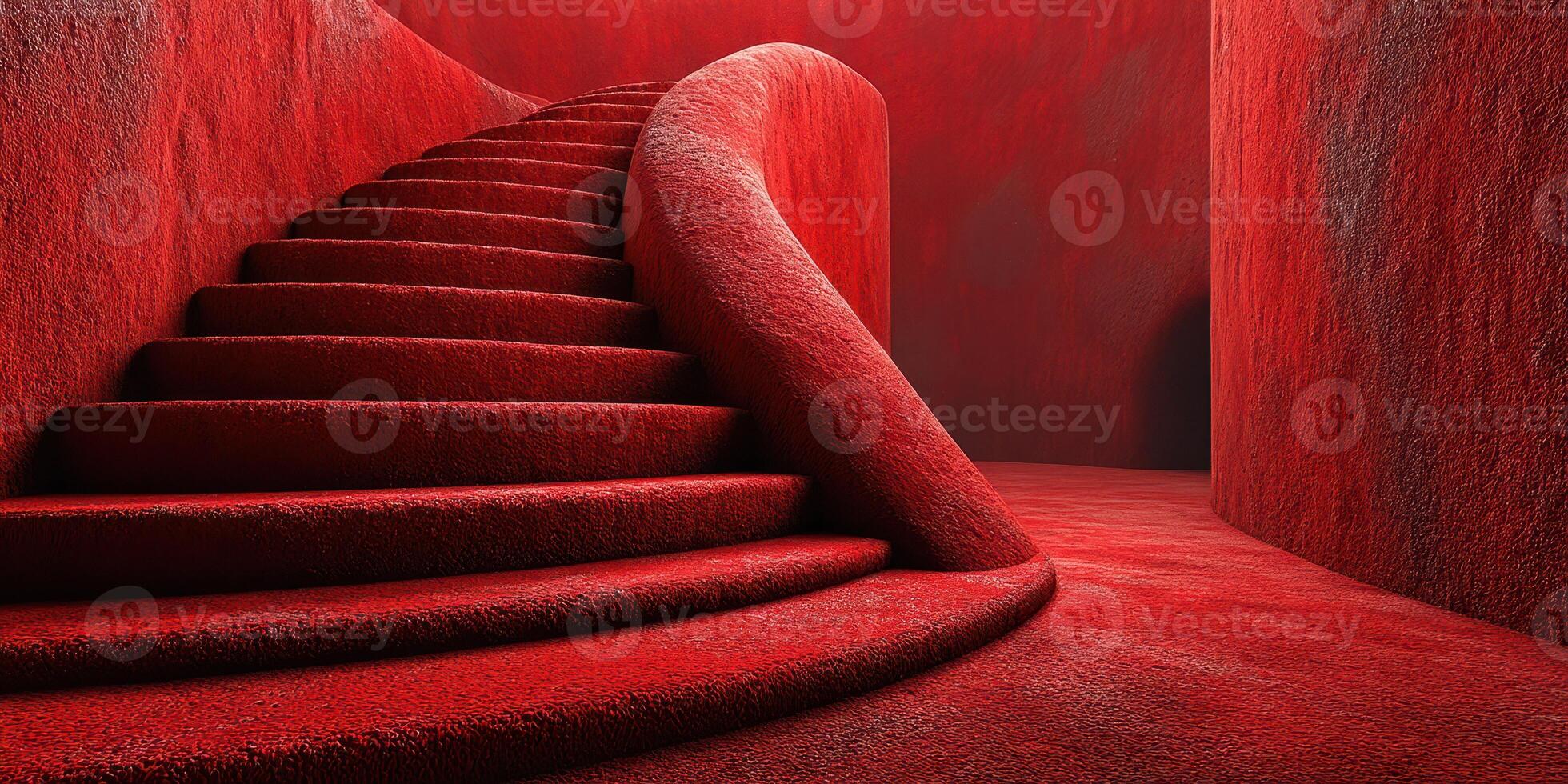 Curved red staircase in a vibrant, minimalist interior design space with bold colors and smooth textures photo