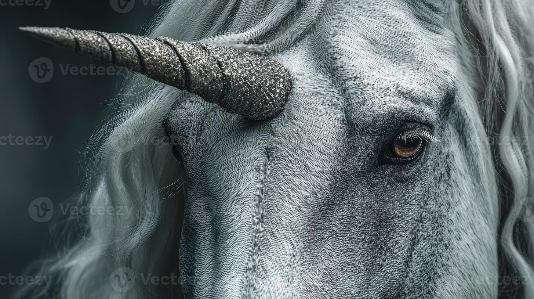Majestic unicorn with shimmering horn gazing into the distance surrounded by an ethereal atmosphere photo