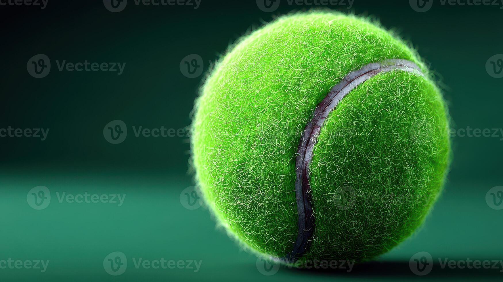 Bright green tennis ball resting on a dark surface with textured fibers and a seam visible under soft lighting photo