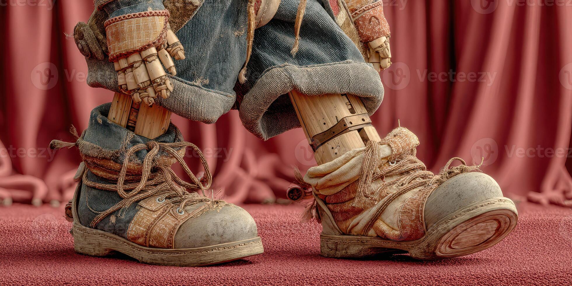 Unique wooden puppet with detailed features stands on stage in worn shoes against a red curtain backdrop photo