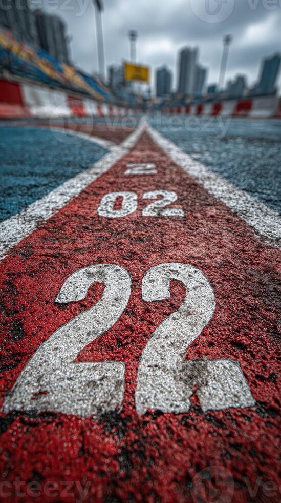 Racing track perspective capturing lane markings and urban skyline in dynamic city environment photo